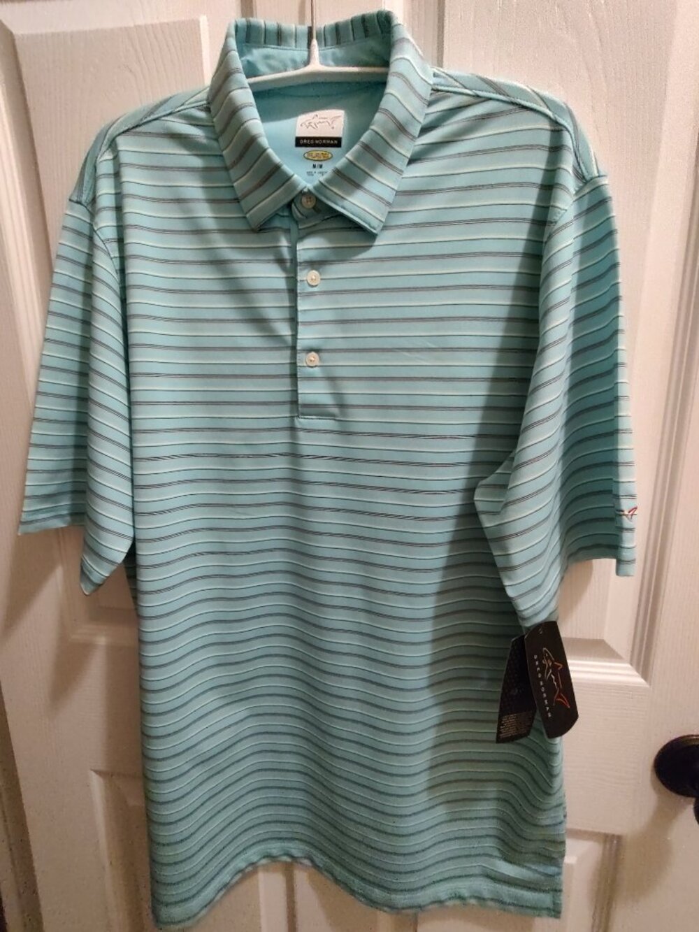 GREG NORMAN POLO SHIRT POLYESTER PLAY DRY STAY COOL STRIPE AQUA NWT MEDIUM